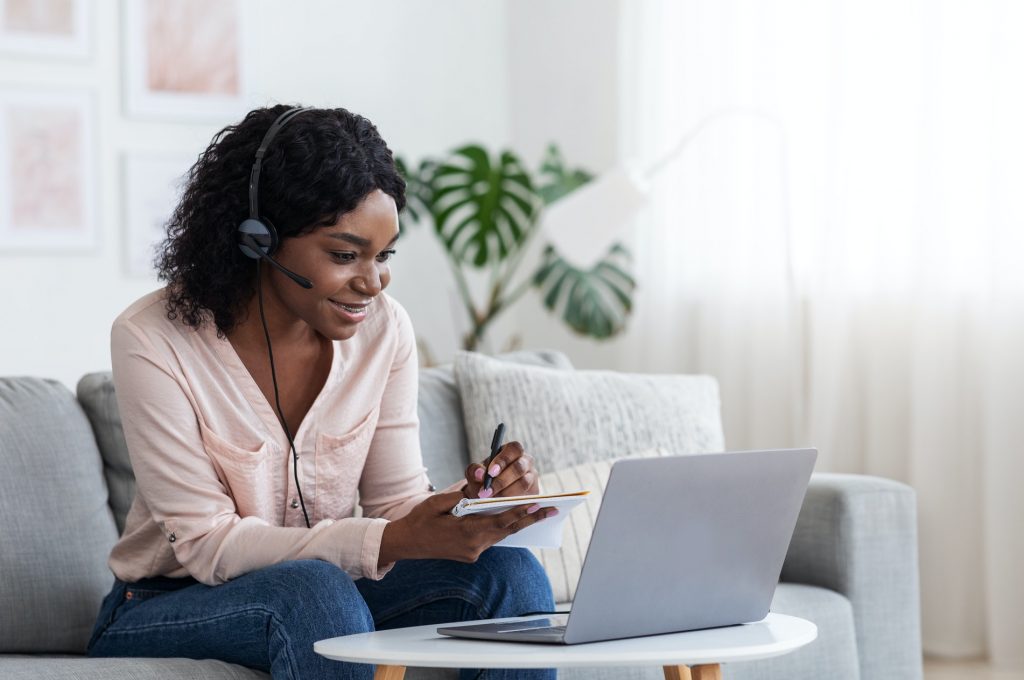 Online Education. Young Black Female Studying Online From Home With Laptop Computer